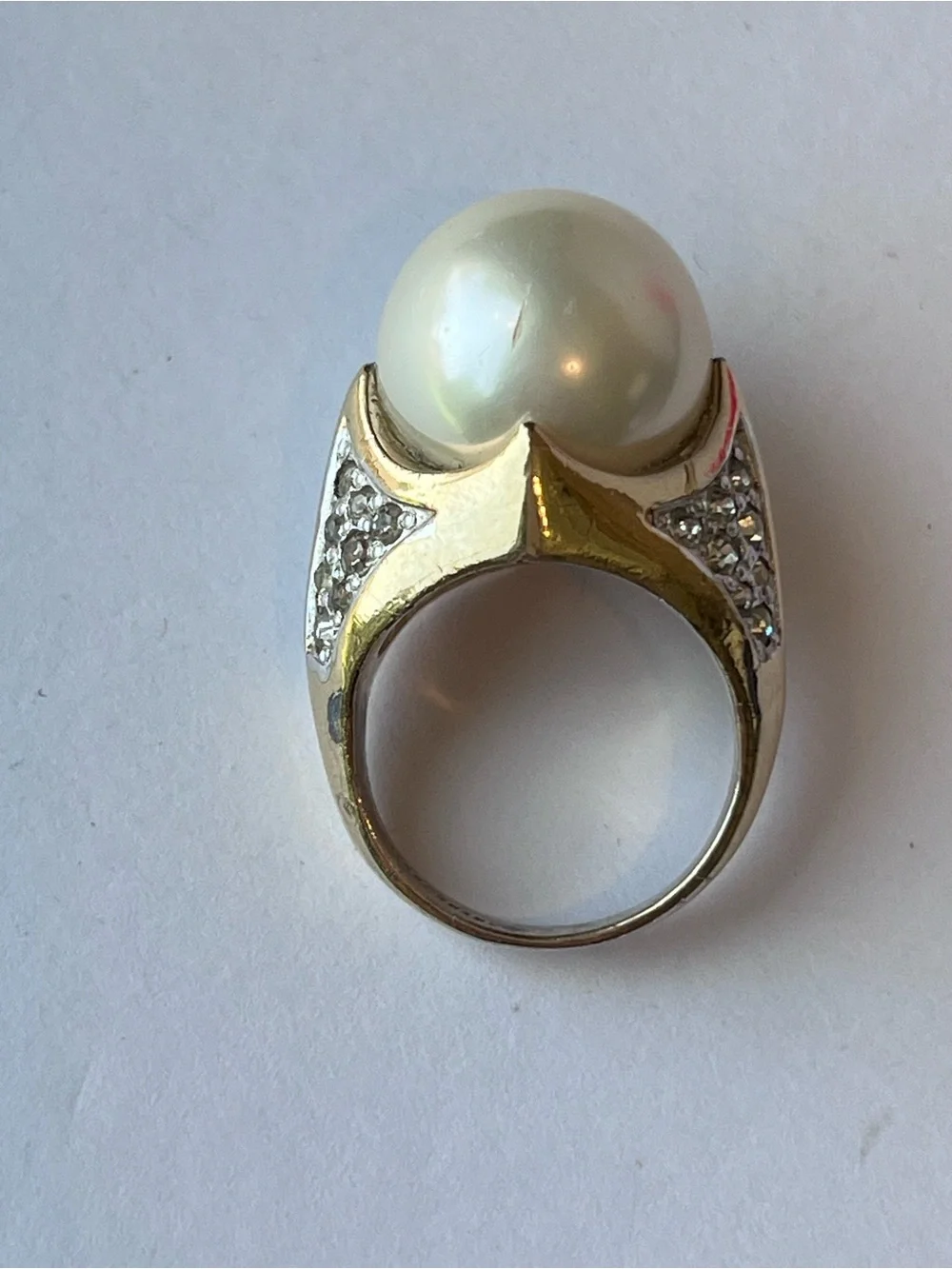 Vintage Panetta Faux Pearl & Crystals Gold Tone Sterling Cocktail Statement Ring